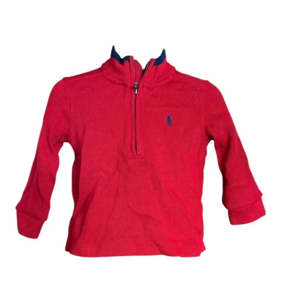 Baby Boys Ralph Lauren Red French Rib Half Zip Pullover Sweater - Sz 12 mo